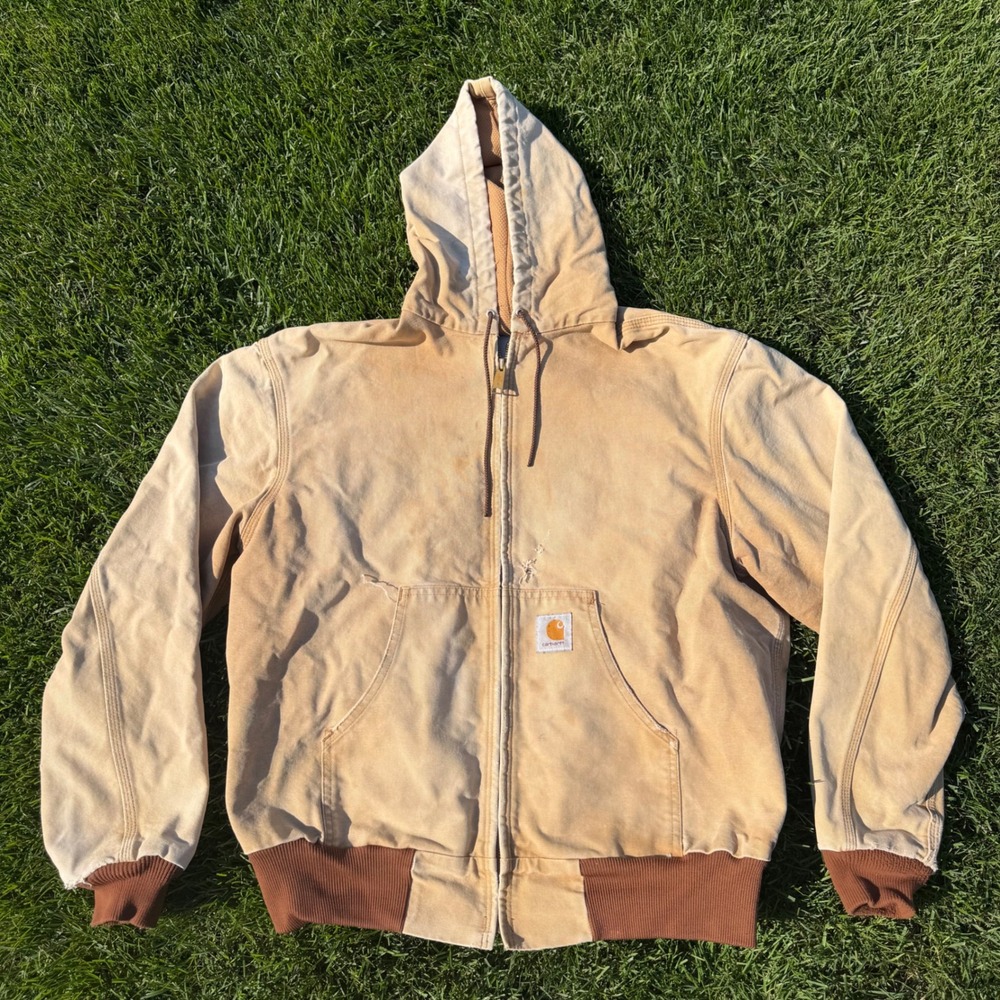 Vintage Carhartt Active Jacket Sun Faded Tan Canvas Hooded Workwear Distressed M